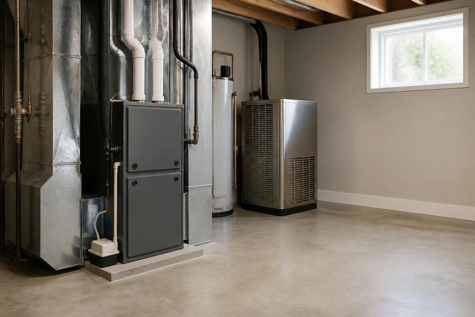 Finished HVAC service environment with furnace and refrigeration equipment.